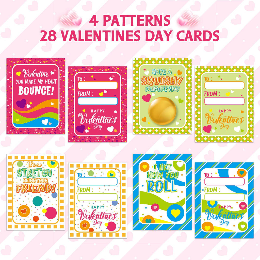 Shemira 28-Pack Valentines Cards with Stretchy Ball Set for Kids | Classroom Exchange & Party Favors
