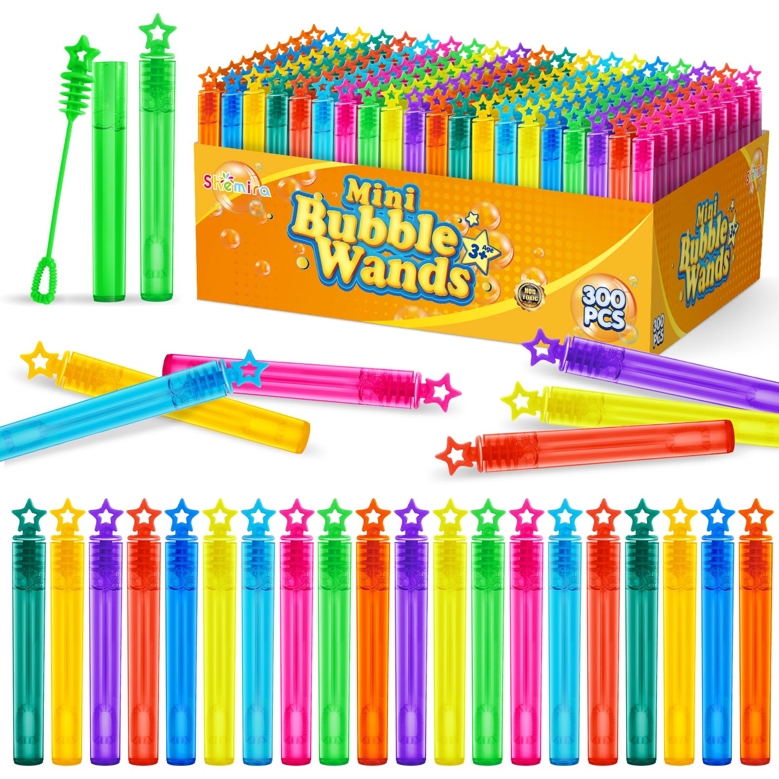 Shemira Bubble Wand Bulk – 300 Mini Neon Bubble Wands in 10 Colors | Party Favors