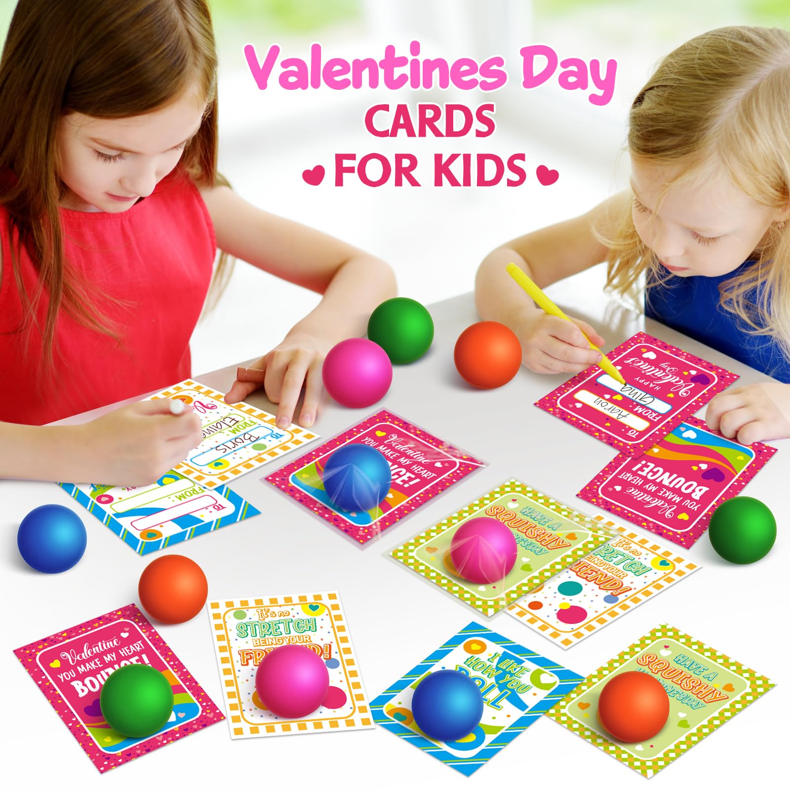 Shemira 28-Pack Valentines Cards with Stretchy Ball Set for Kids | Classroom Exchange & Party Favors