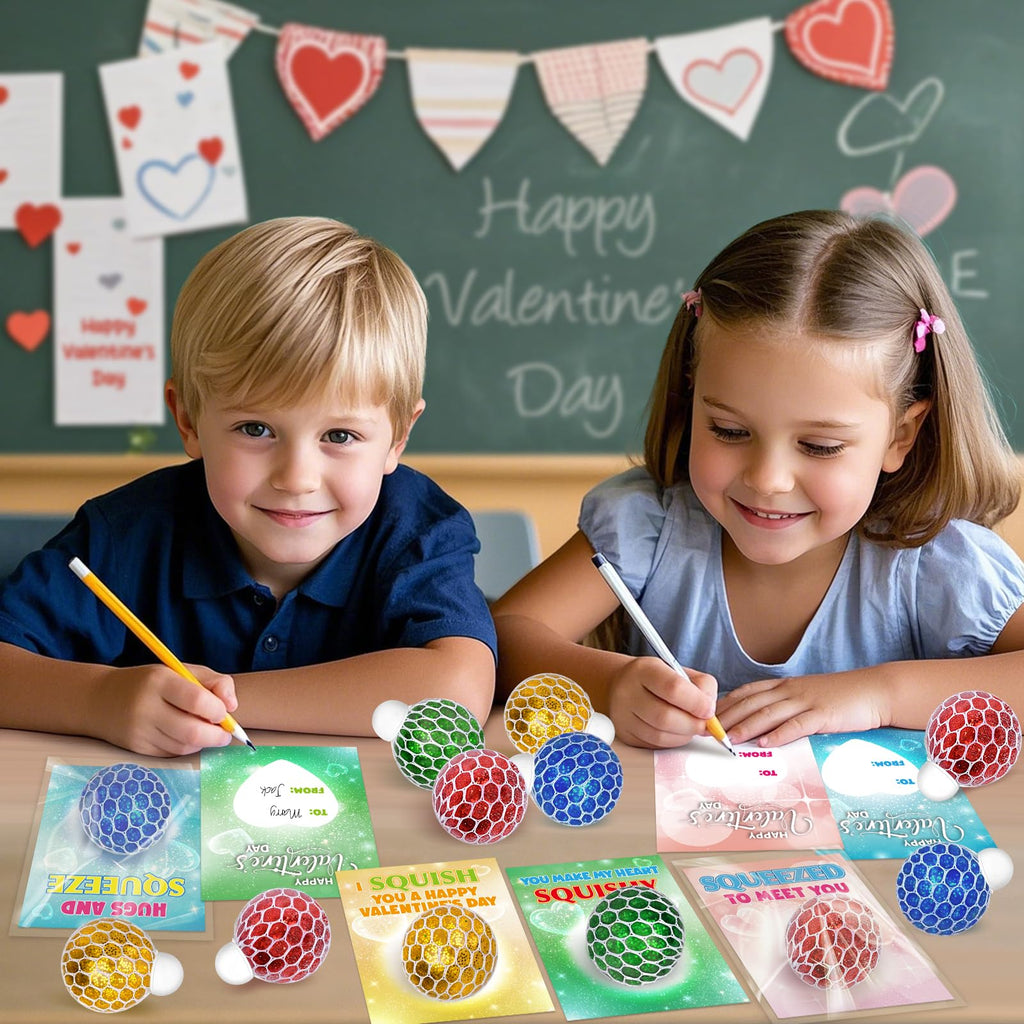 Shemira Valentines Cards & 24 Stretch Squeeze Balls – Classroom Party Favors for Kids