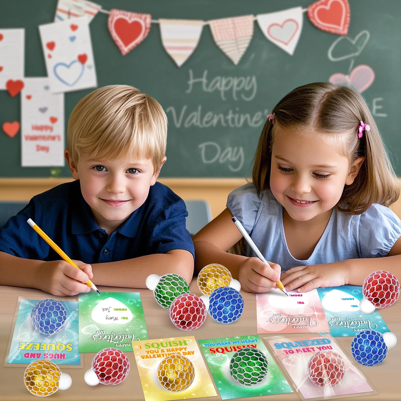 Shemira Valentines Cards & 24 Stretch Squeeze Balls – Classroom Party Favors for Kids