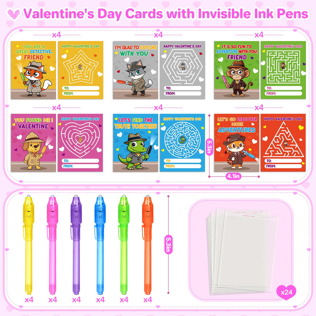 Shemira 24-Pack Valentines Day Cards for Kids with Invisible Ink Pens – Detective Theme Classroom Exchange & Party Favors