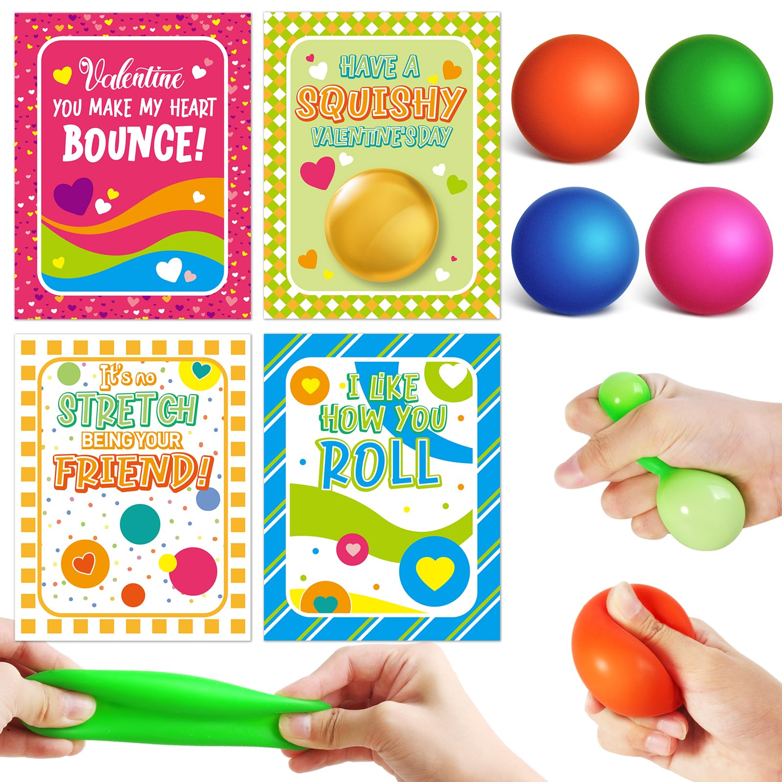Shemira 28-Pack Valentines Cards with Stretchy Ball Set for Kids | Classroom Exchange & Party Favors
