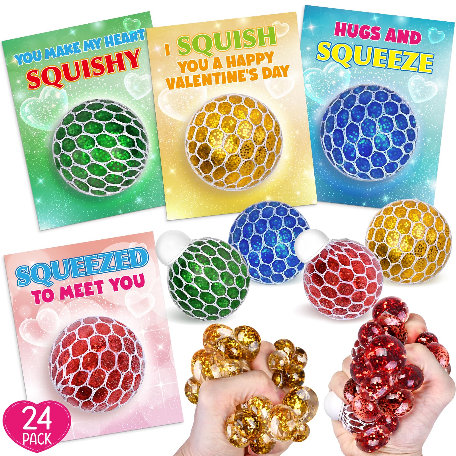 Shemira Valentines Cards & 24 Stretch Squeeze Balls – Classroom Party Favors for Kids