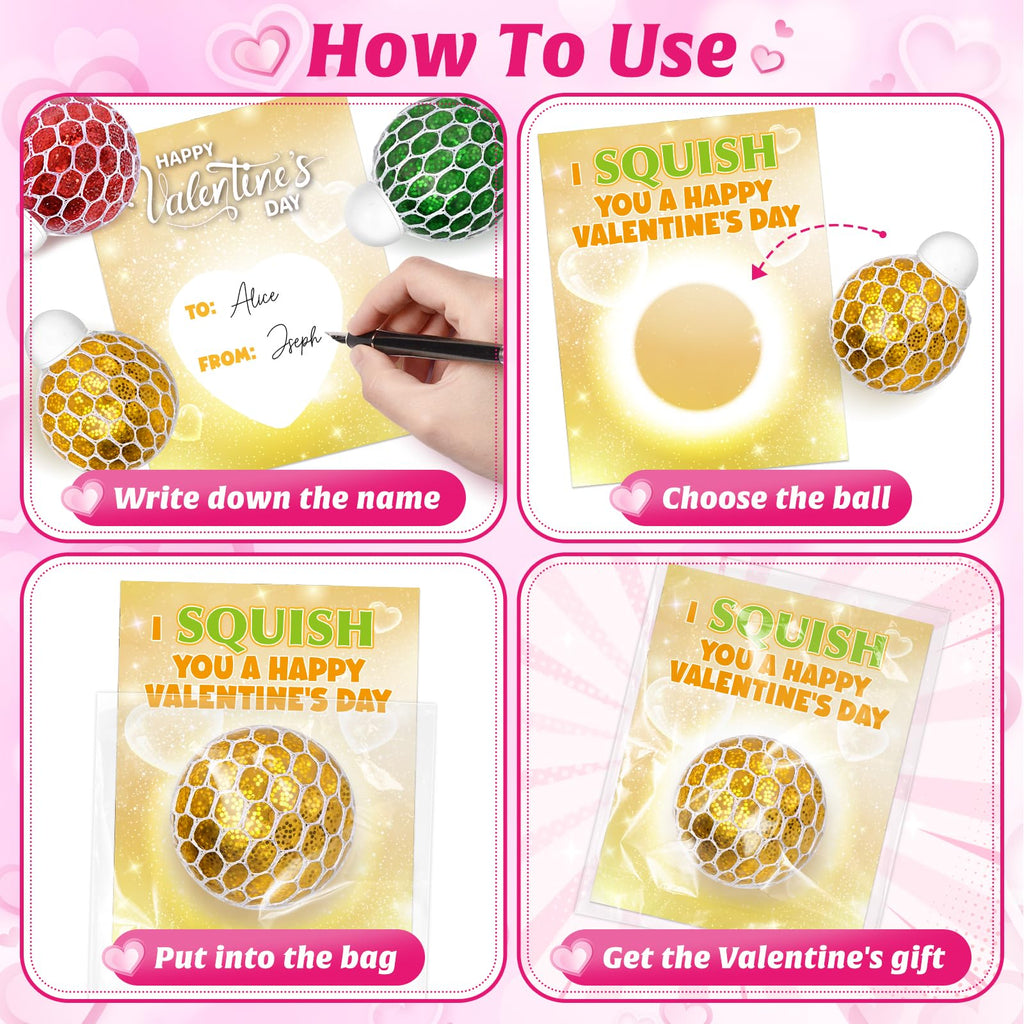 Shemira Valentines Cards & 24 Stretch Squeeze Balls – Classroom Party Favors for Kids