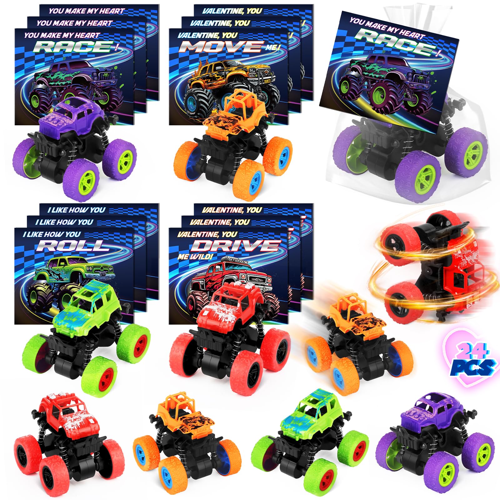 Shemira 24-Pack Valentines Day Cards with Monster Truck Toys – Classroom Gifts & Party Favors