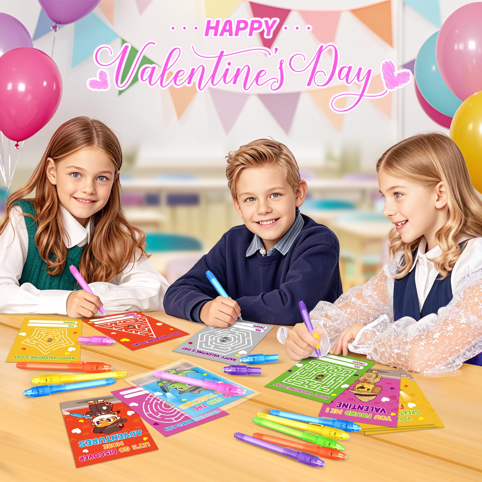 Shemira 24-Pack Valentines Day Cards for Kids with Invisible Ink Pens – Detective Theme Classroom Exchange & Party Favors