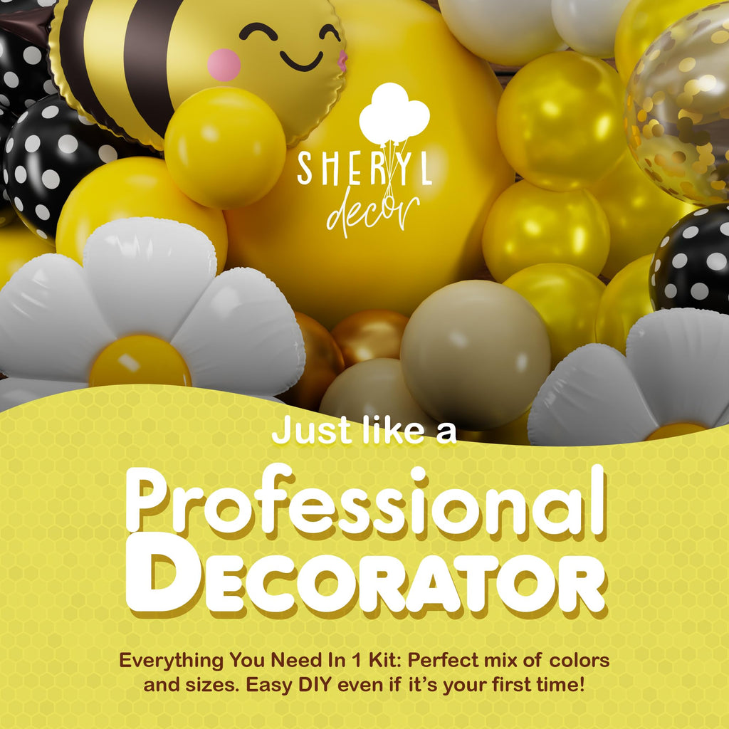 SHERYL DECOR All-in-1 Bee Balloons Garland Kit & Arch – Black, Yellow & White