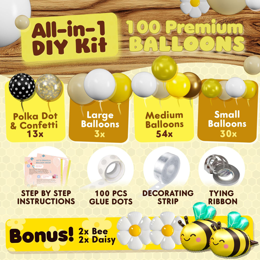 SHERYL DECOR All-in-1 Bee Balloons Garland Kit & Arch – Black, Yellow & White