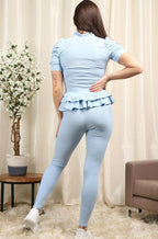 Short Sleeves Two Piece Suit with Ribbed Legging Co-Ord Top Gold Button Frill Hem Peplum Ribbed Lounge Set
