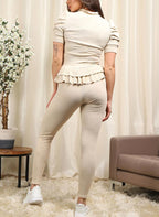Short Sleeves Two Piece Suit with Ribbed Legging Co-Ord Top Gold Button Frill Hem Peplum Ribbed Lounge Set
