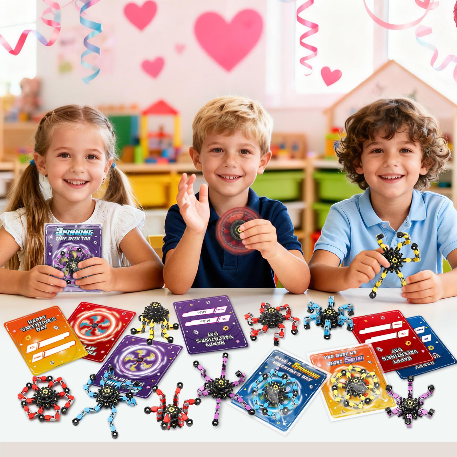 ShyLizard 24-Pack Valentines Day Cards with Fidget Spinners – Classroom Gifts & Kids Party Favors