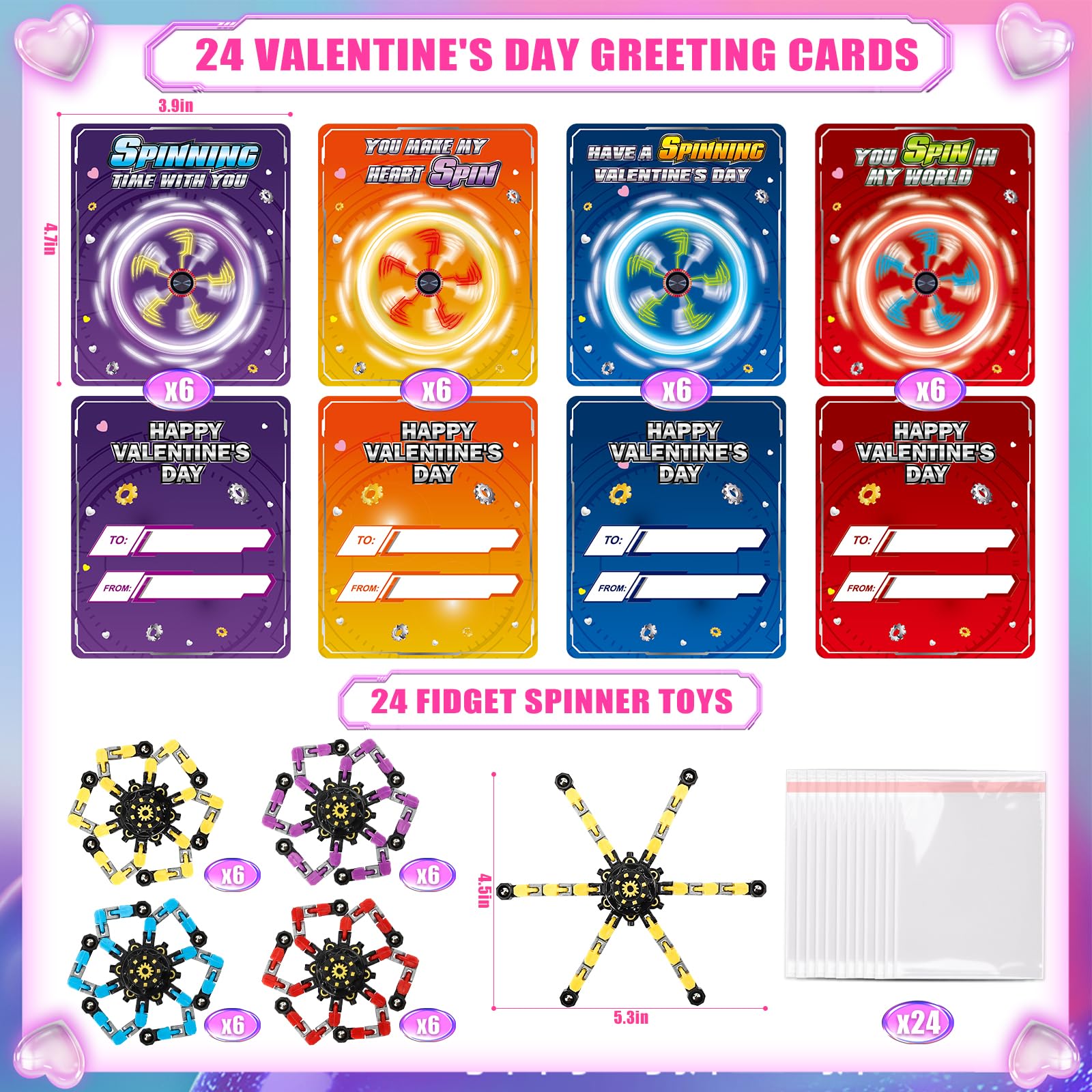 ShyLizard 24-Pack Valentines Day Cards with Fidget Spinners – Classroom Gifts & Kids Party Favors