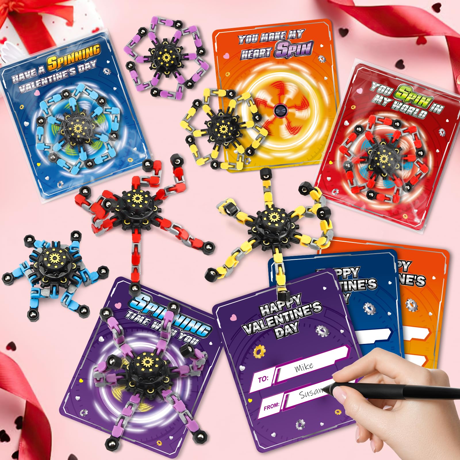 ShyLizard 24-Pack Valentines Day Cards with Fidget Spinners – Classroom Gifts & Kids Party Favors