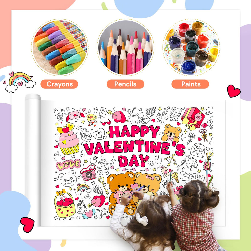 SICOHOME Valentines Coloring Tablecloth – 46x33 Inches Giant Coloring Poster with 91 Valentines Stickers