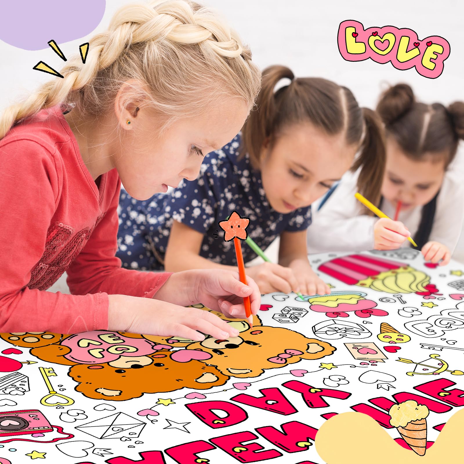 SICOHOME Valentines Coloring Tablecloth – 46x33 Inches Giant Coloring Poster with 91 Valentines Stickers