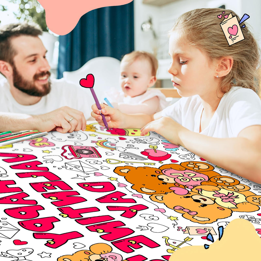SICOHOME Valentines Coloring Tablecloth – 46x33 Inches Giant Coloring Poster with 91 Valentines Stickers