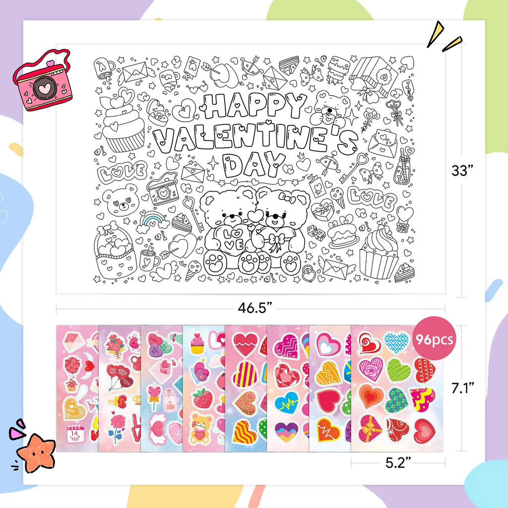 SICOHOME Valentines Coloring Tablecloth – 46x33 Inches Giant Coloring Poster with 91 Valentines Stickers
