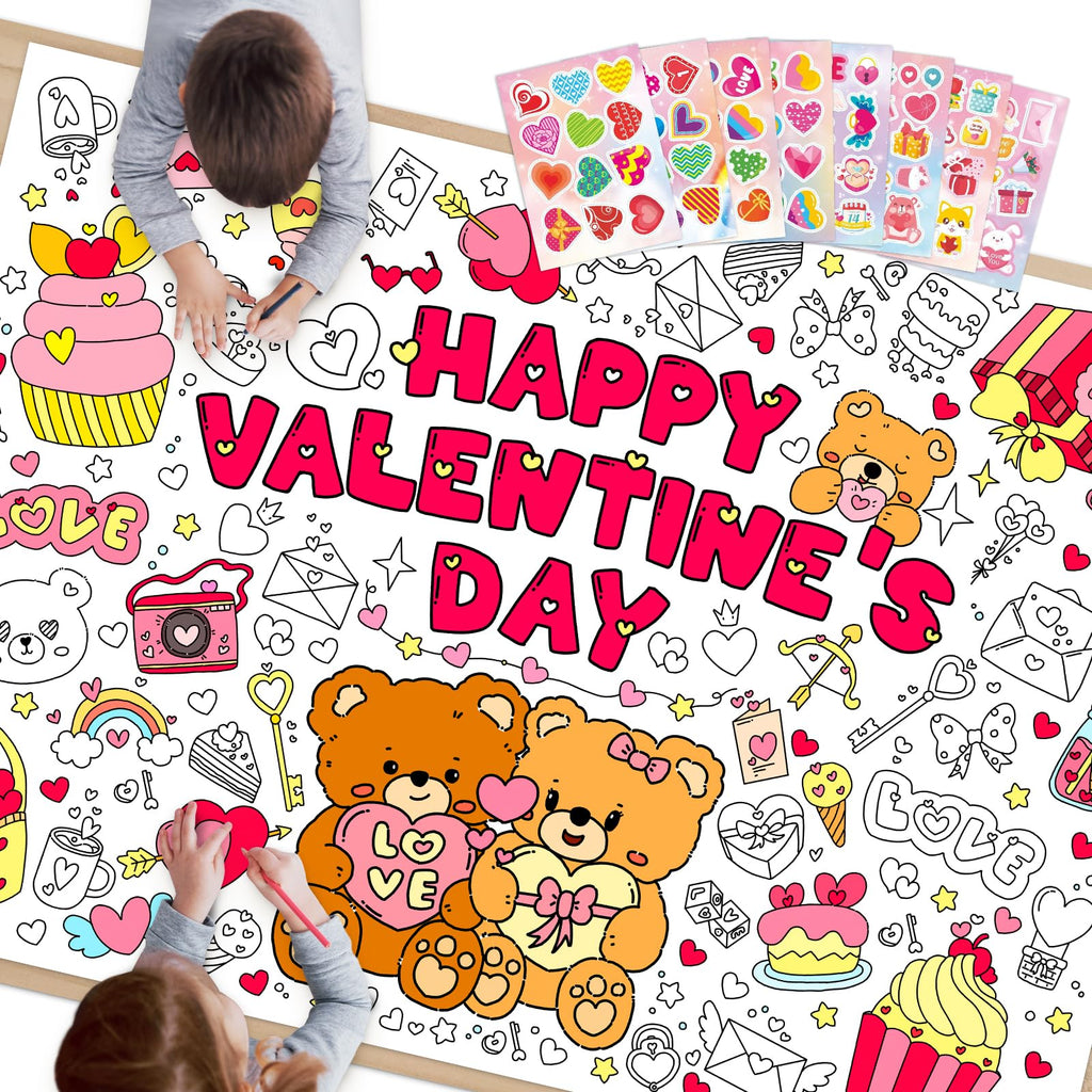 SICOHOME Valentines Coloring Tablecloth – 46x33 Inches Giant Coloring Poster with 91 Valentines Stickers