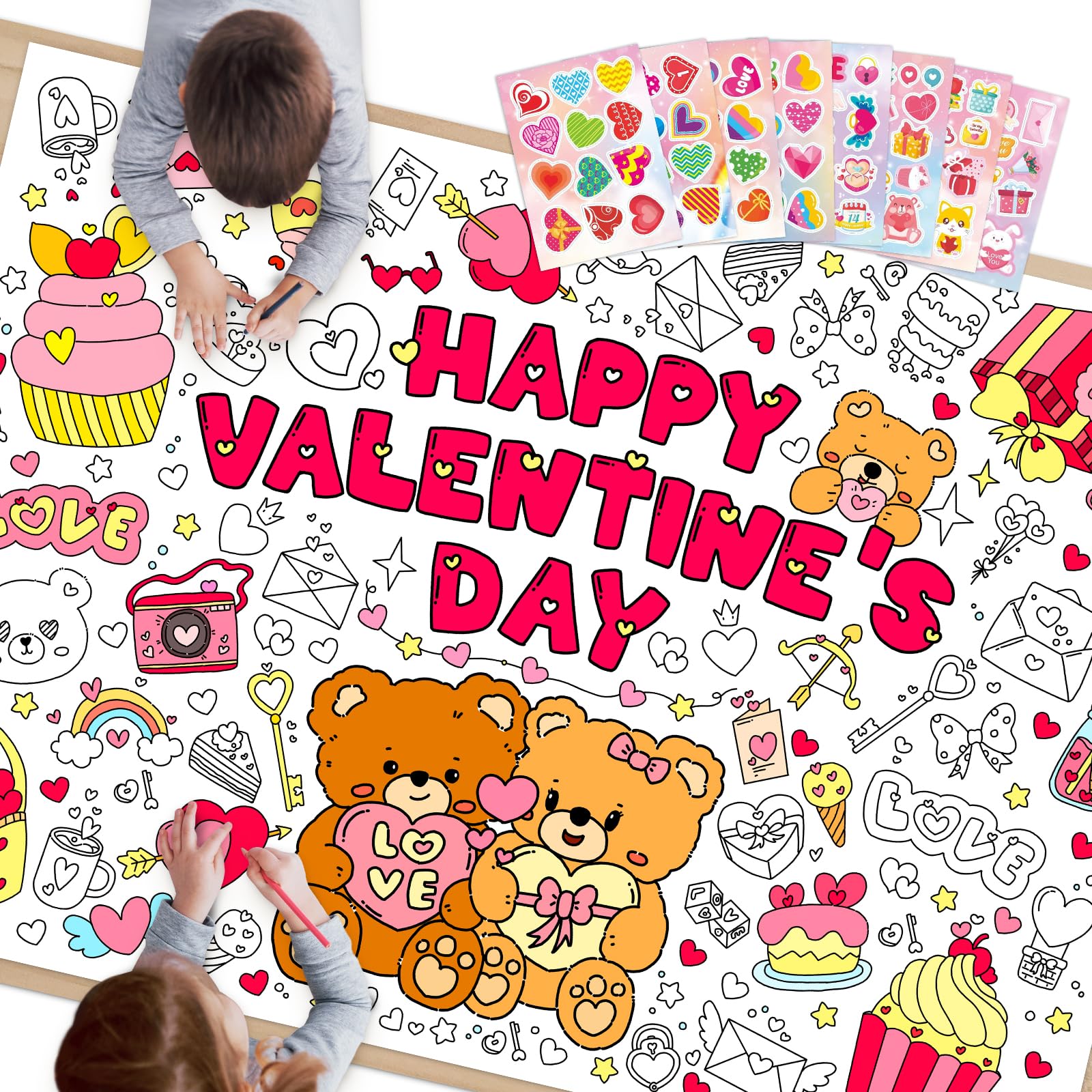 SICOHOME Valentines Coloring Tablecloth – 46x33 Inches Giant Coloring Poster with 91 Valentines Stickers