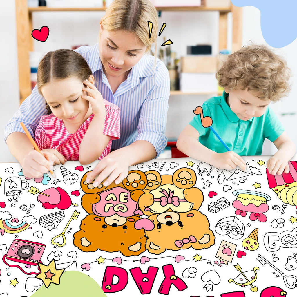 SICOHOME Valentines Coloring Tablecloth – 46x33 Inches Giant Coloring Poster with 91 Valentines Stickers