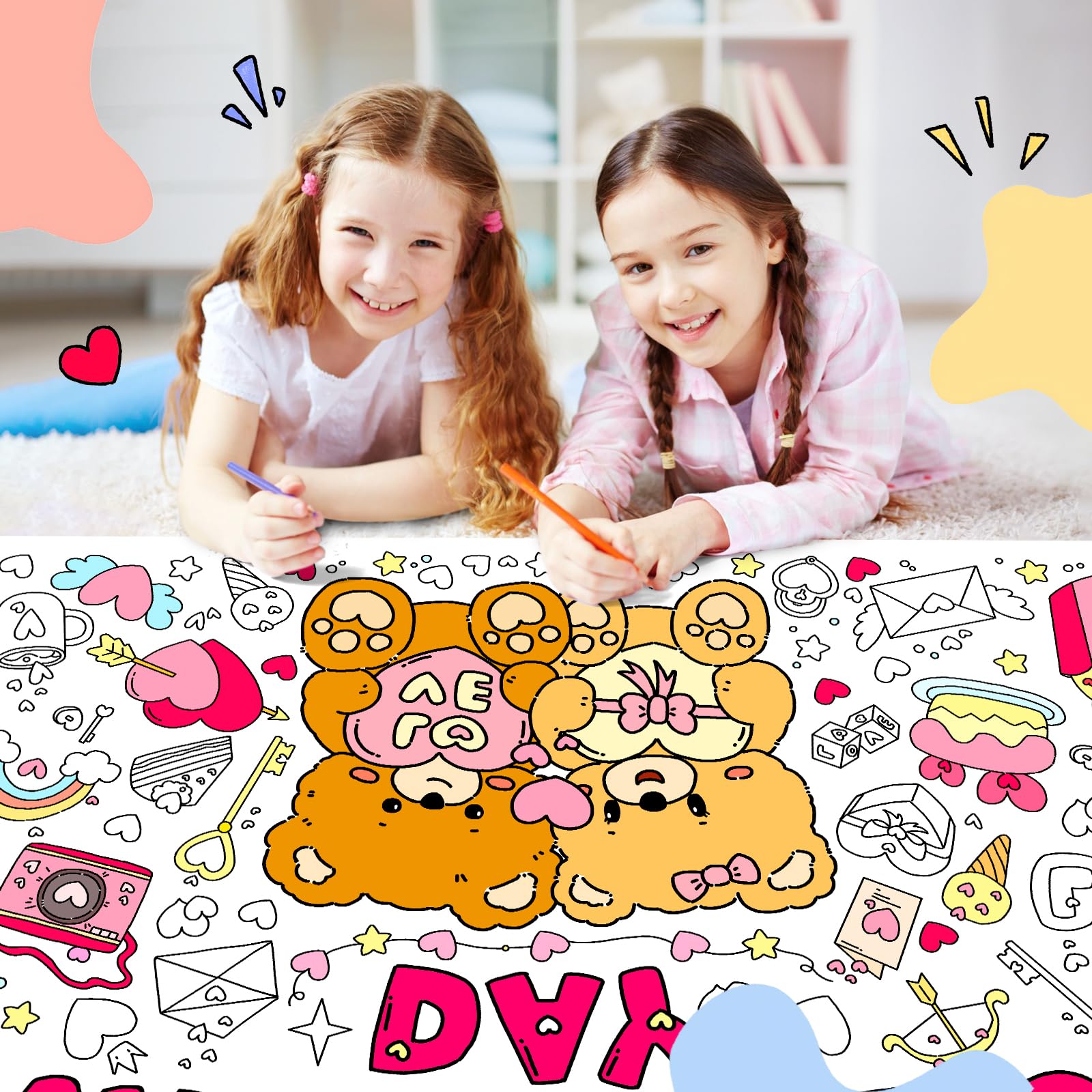 SICOHOME Valentines Coloring Tablecloth – 46x33 Inches Giant Coloring Poster with 91 Valentines Stickers