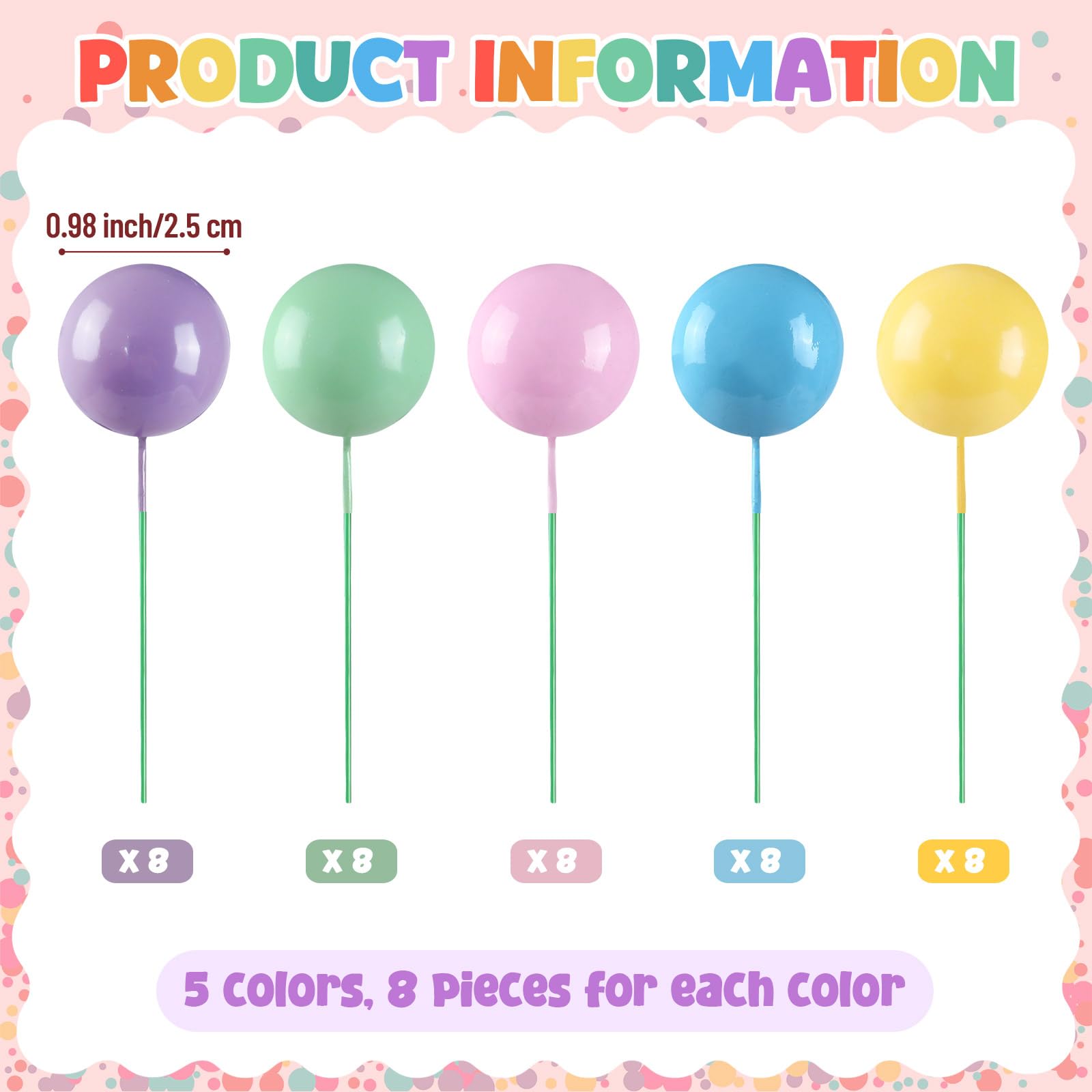 Sieral 40 Pcs Mini Balloon Cake Toppers – Colorful Rainbow Foam Balls for Cakes, Cupcakes & Party Decor