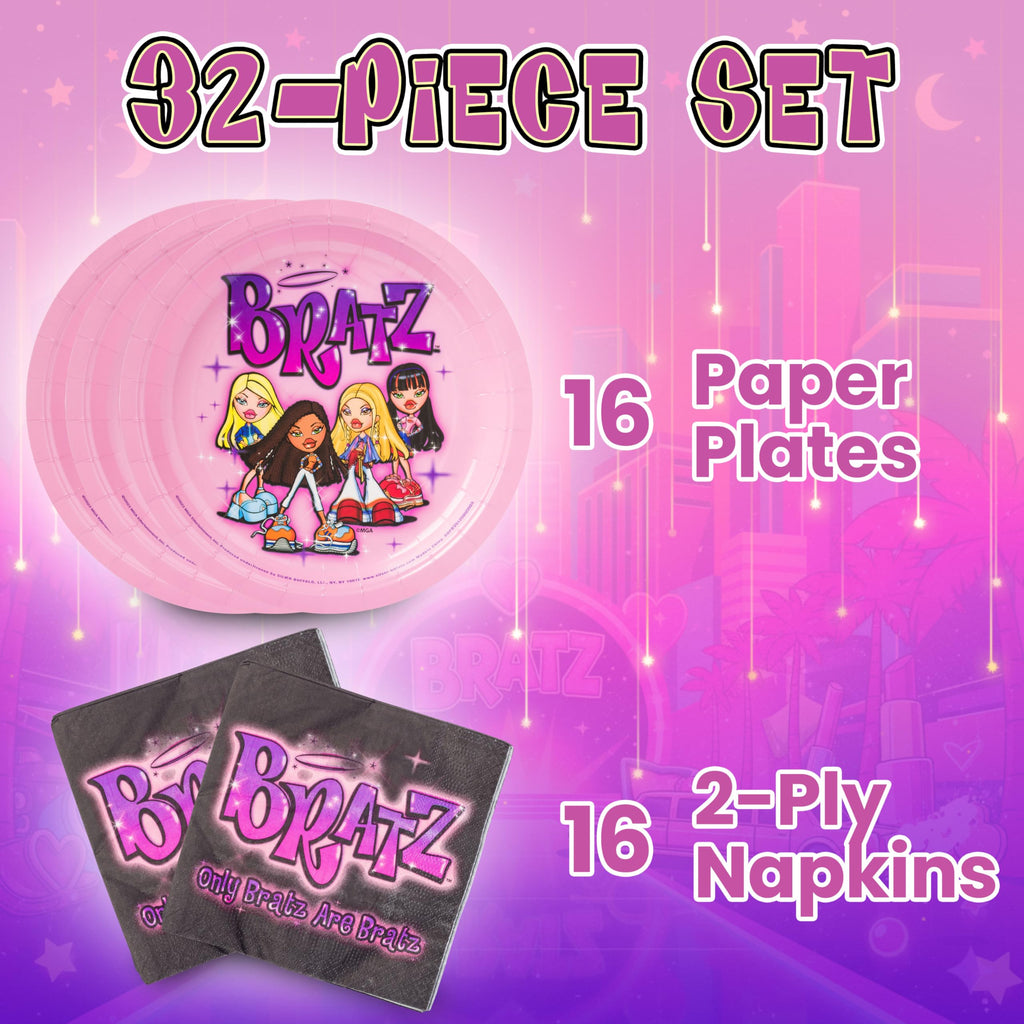 Silver Buffalo Bratz 32-Piece Party Plates & Napkins – Yasmin, Sasha, Jade & Cloe