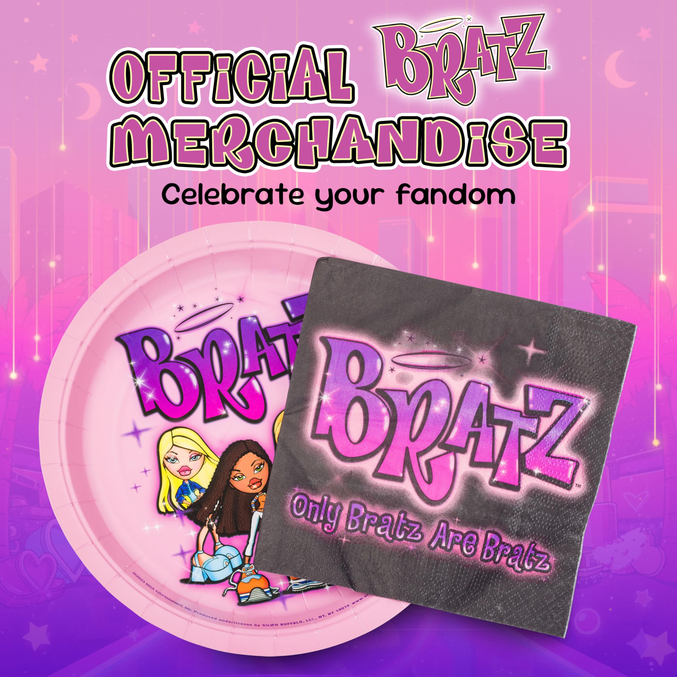 Silver Buffalo Bratz 32-Piece Party Plates & Napkins – Yasmin, Sasha, Jade & Cloe