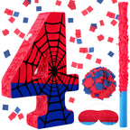 Simgoing Number 4 Spider Web Piñata Bundle – Red & Blue Party Decor, 15.75 x 11 x 2.8 in