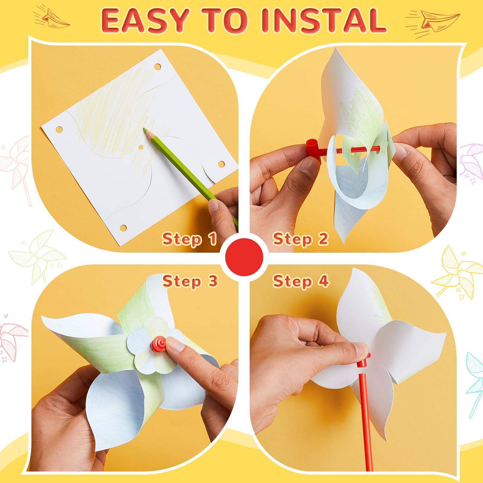Simgoing 200 Pcs DIY Paper Pinwheels – Blank White Craft Kit for Kids, Bulk Party Favors, 5.12-Inch Leaves