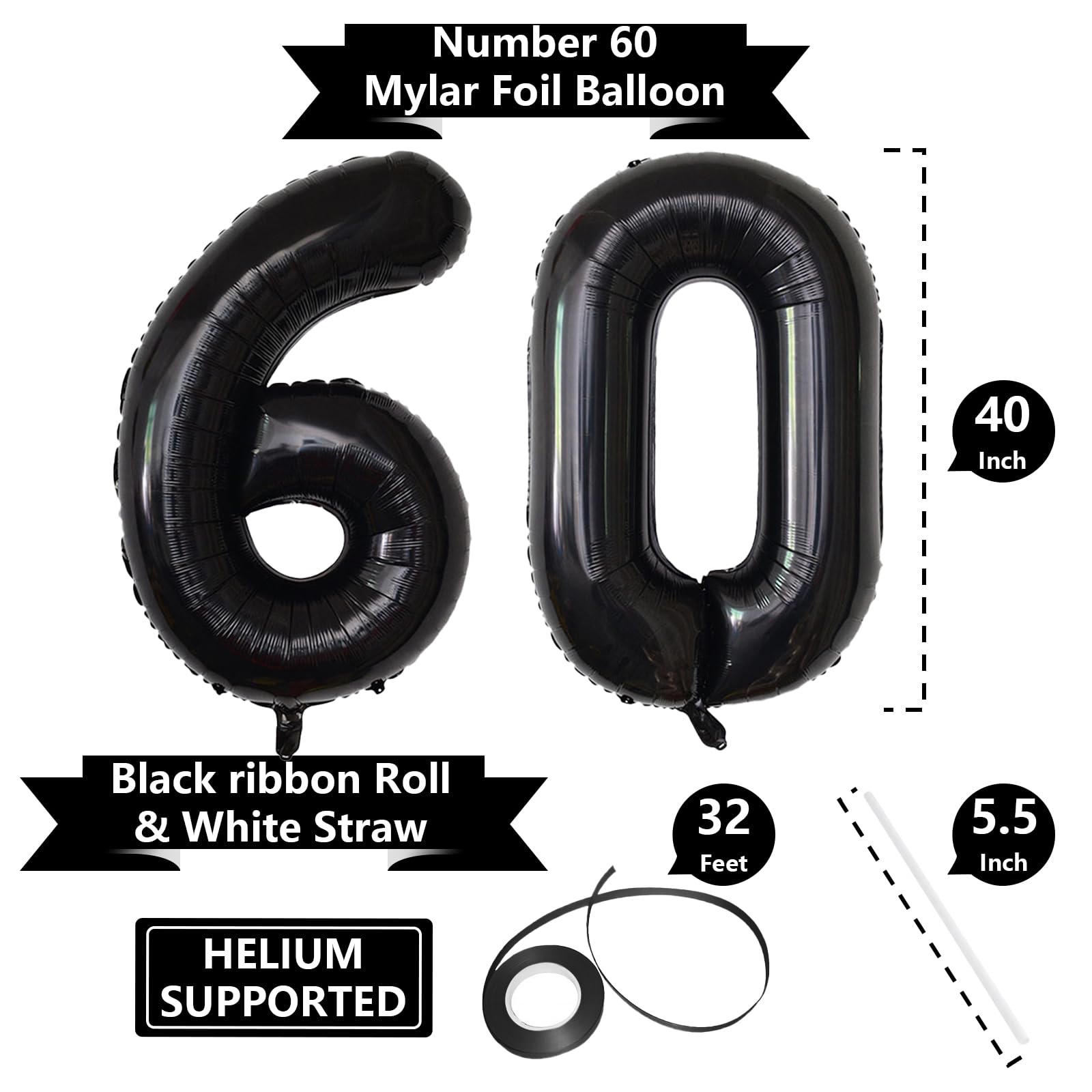 SINBEE 40-Inch Black 60th Birthday Balloons – Giant Mylar 0 & 6 Numbers