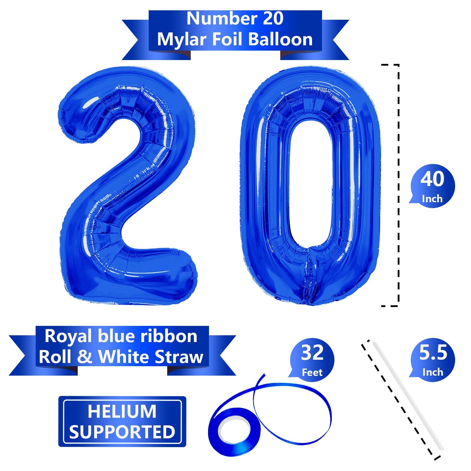 SINBEE 40-Inch Navy Blue 20 Number Balloons – Giant Mylar Foil 0 & 2 for 20th Birthday & Anniversary