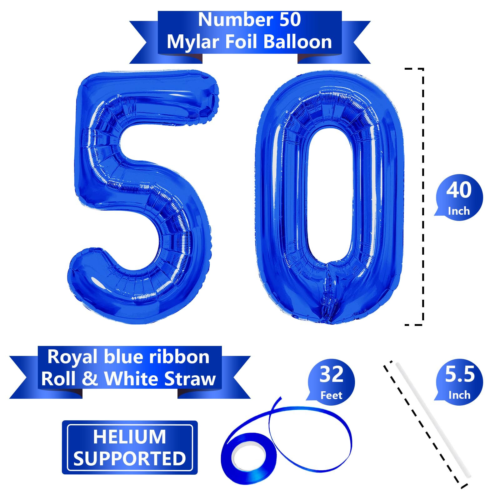 SINBEE 40 Inch Navy Blue 50 Number Balloons – Giant Mylar Foil 0 & 5 for 50th Birthday