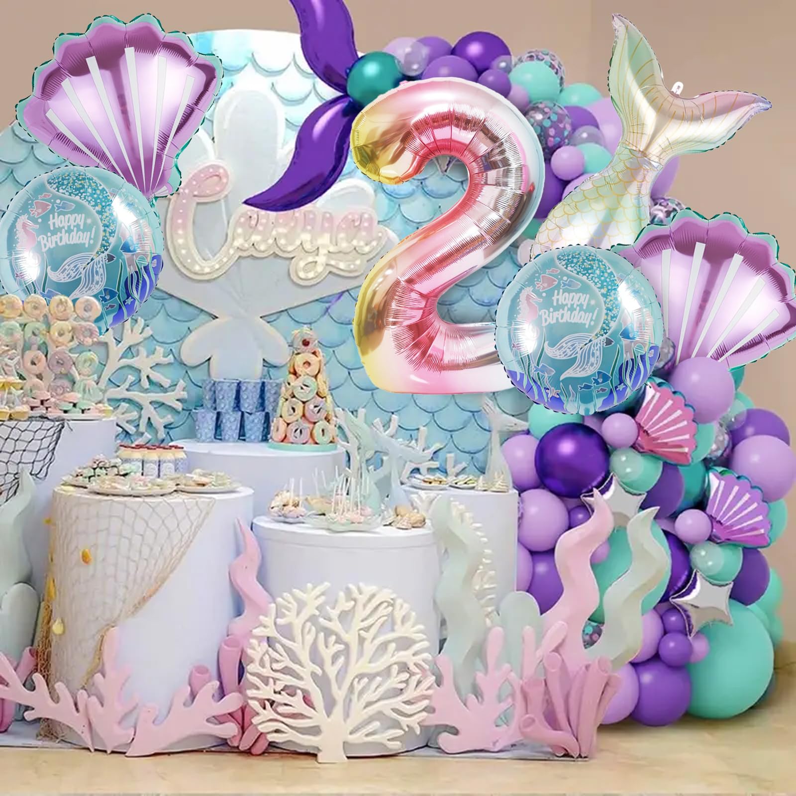 SINBEE Mermaid Birthday Decoration – 40-Inch Mermaid Foil Number Balloons for Under-the-Sea Parties