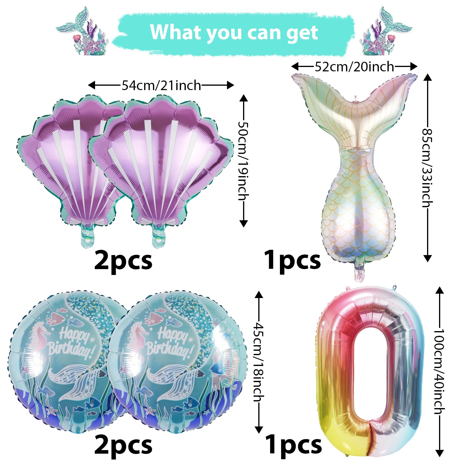 SINBEE Mermaid Birthday Decorations – 40in Number Balloon Kit with Mermaid Tail & Shell Balloons