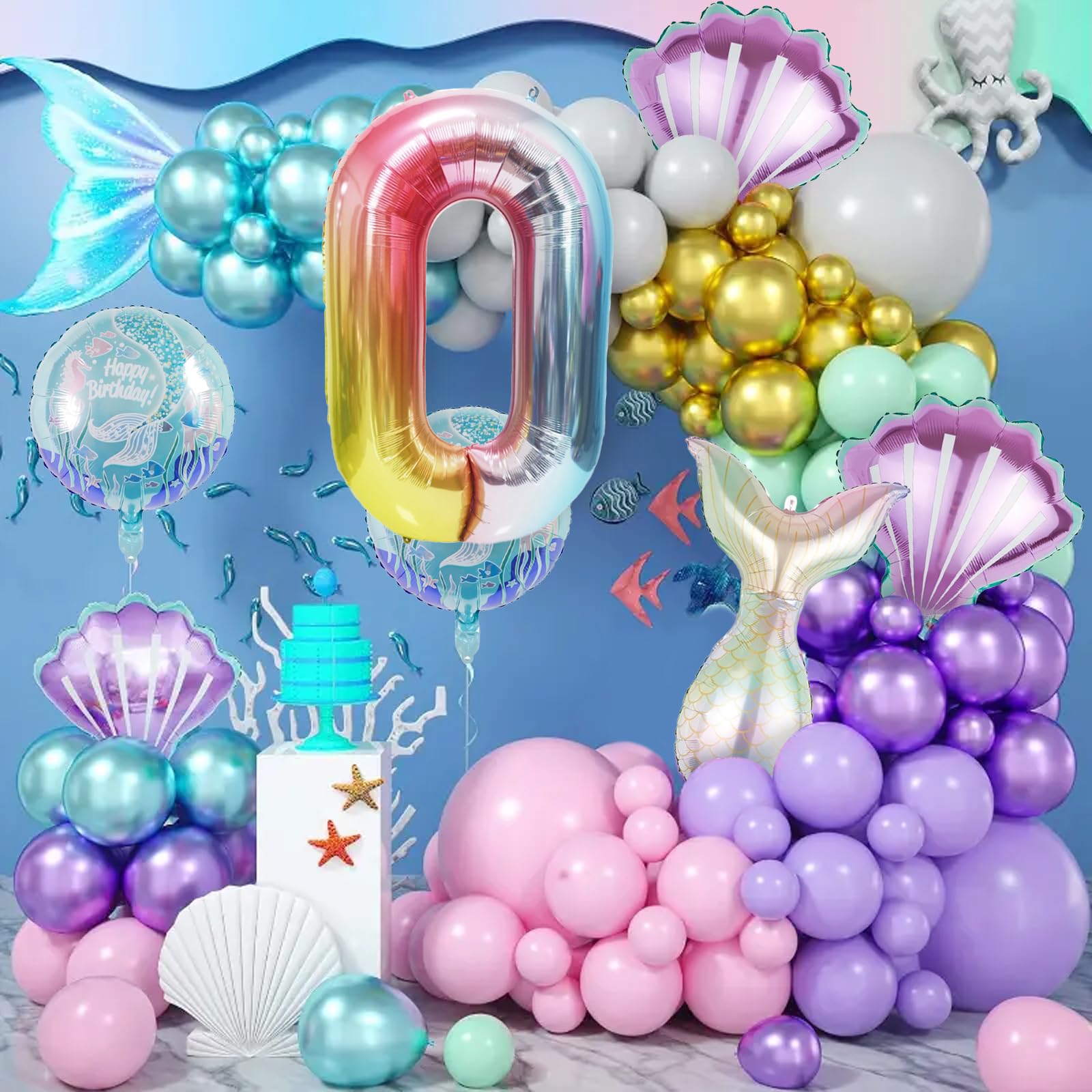 SINBEE Mermaid Birthday Decorations – 40in Number Balloon Kit with Mermaid Tail & Shell Balloons