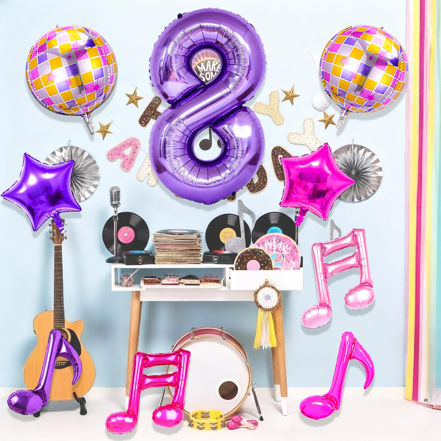 Siznkore 9 Pcs Kpop Birthday Decorations – Purple 32in Number 8 & Music Note Balloons