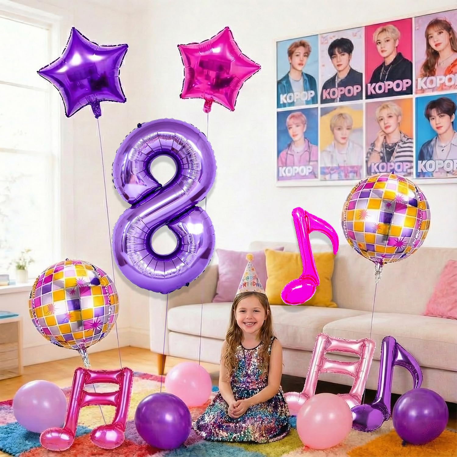 Siznkore 9 Pcs Kpop Birthday Decorations – Purple 32in Number 8 & Music Note Balloons