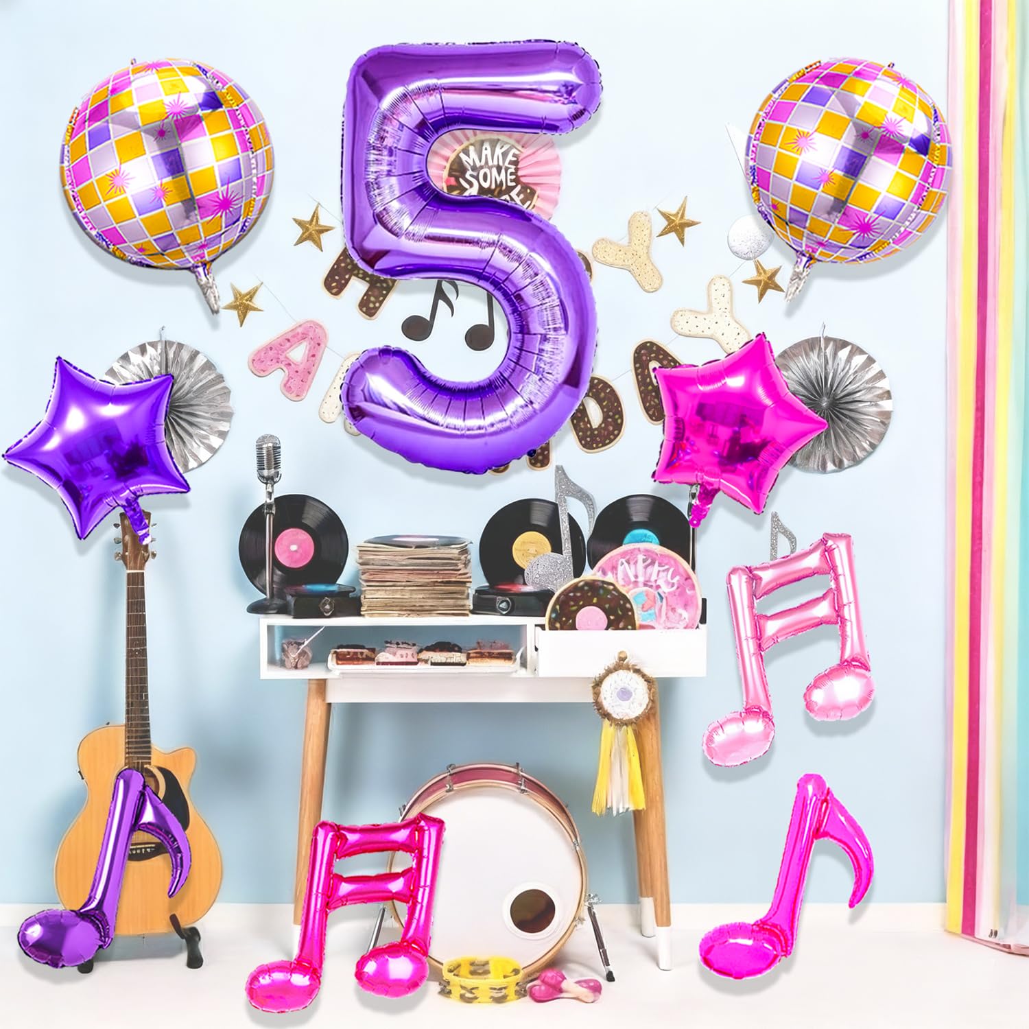 Siznkore 9 Pcs Kpop Birthday Decorations – 32in Number 5 Balloon & Music Balloons