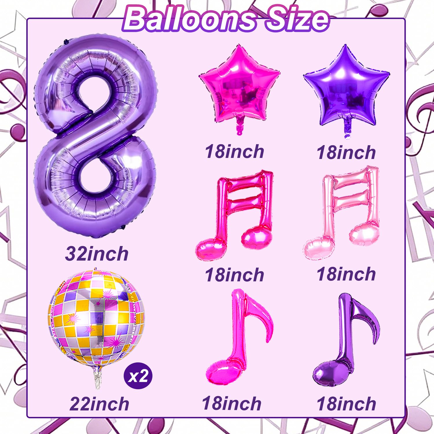 Siznkore 9 Pcs Kpop Birthday Decorations – Purple 32in Number 8 & Music Note Balloons