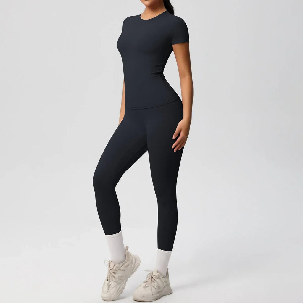 Skin-friendly Sports Set - European and American Style, Solid Color T-shirt, Stretchable Yoga Pants, High Waist Workout Suit for Women