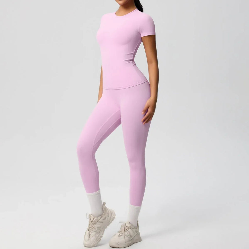 Skin-friendly Sports Set - European and American Style, Solid Color T-shirt, Stretchable Yoga Pants, High Waist Workout Suit for Women