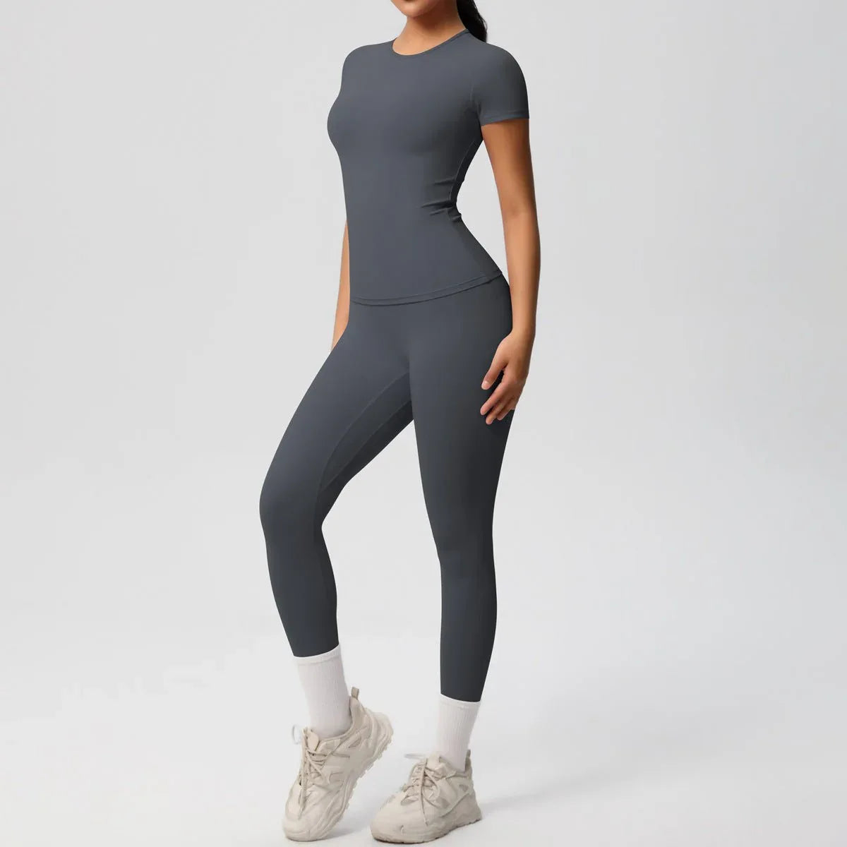 Skin-friendly Sports Set - European and American Style, Solid Color T-shirt, Stretchable Yoga Pants, High Waist Workout Suit for Women