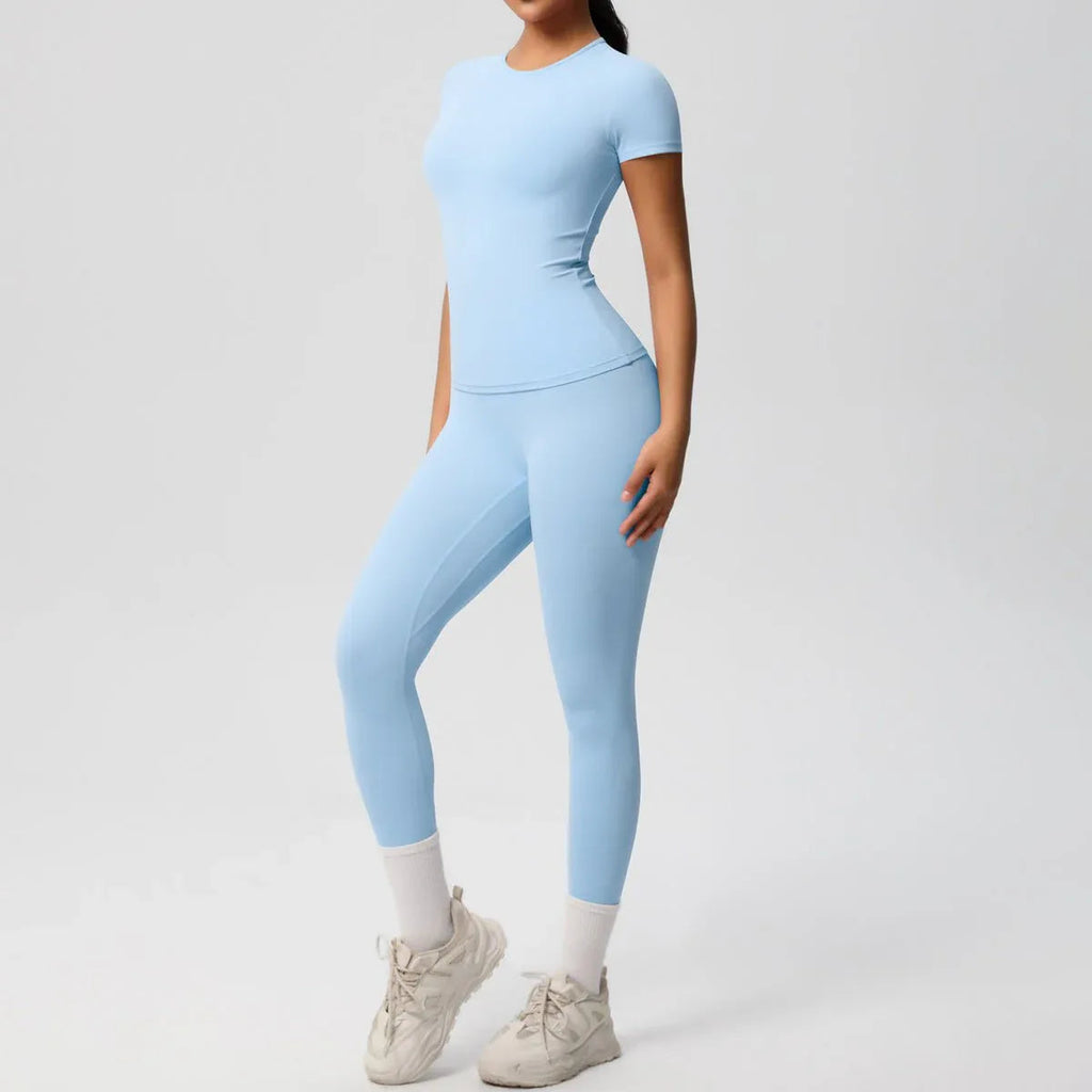 Skin-friendly Sports Set - European and American Style, Solid Color T-shirt, Stretchable Yoga Pants, High Waist Workout Suit for Women