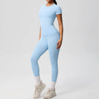 Skin-friendly Sports Set - European and American Style, Solid Color T-shirt, Stretchable Yoga Pants, High Waist Workout Suit for Women