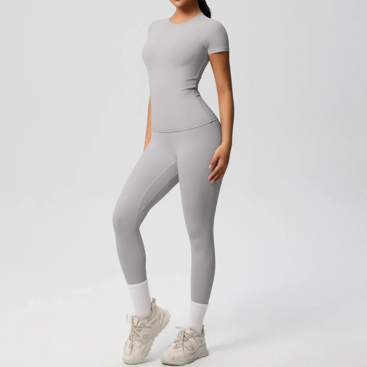 Skin-friendly Sports Set - European and American Style, Solid Color T-shirt, Stretchable Yoga Pants, High Waist Workout Suit for Women