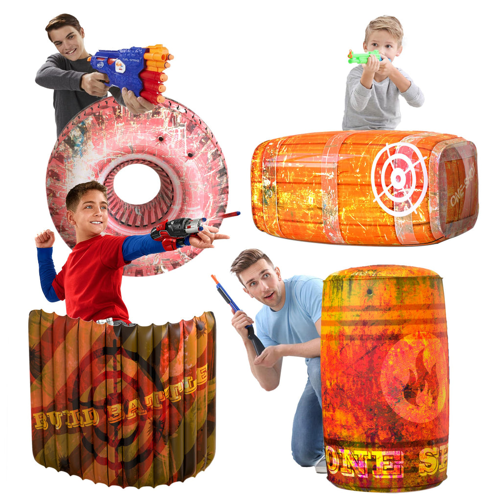 Skywin Inflatable Battle Bunkers – 4-Piece Obstacle Set for Play, Combat & Laser Tag (Orange)