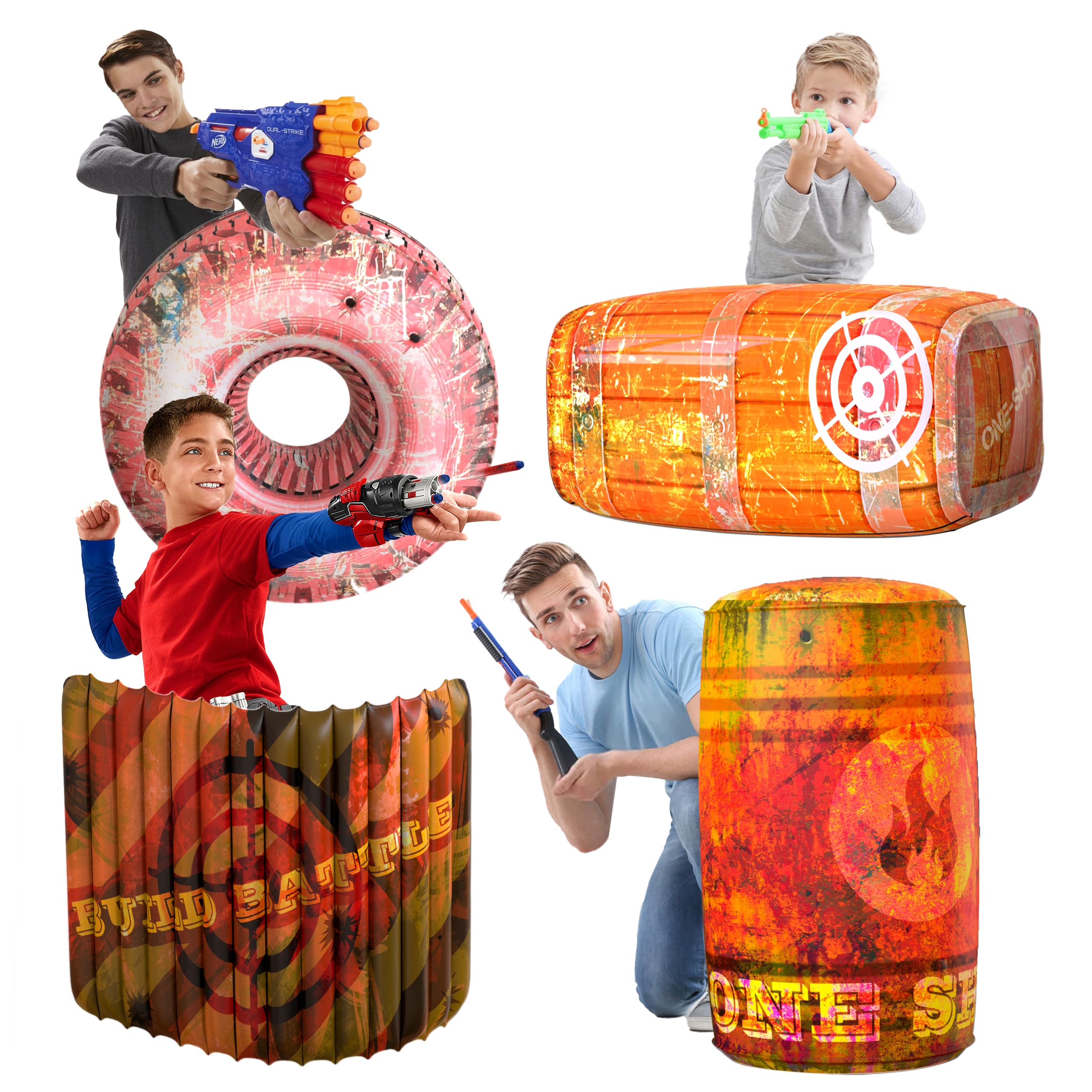Skywin Inflatable Battle Bunkers – 4-Piece Obstacle Set for Play, Combat & Laser Tag (Orange)