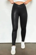Black Faux Leather Crossed Dip Waist Leggings